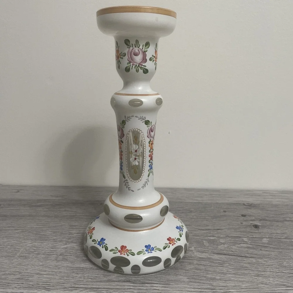 Bohemian White cut to clear hand-painted candlestick Czech 8 Inches grandma core